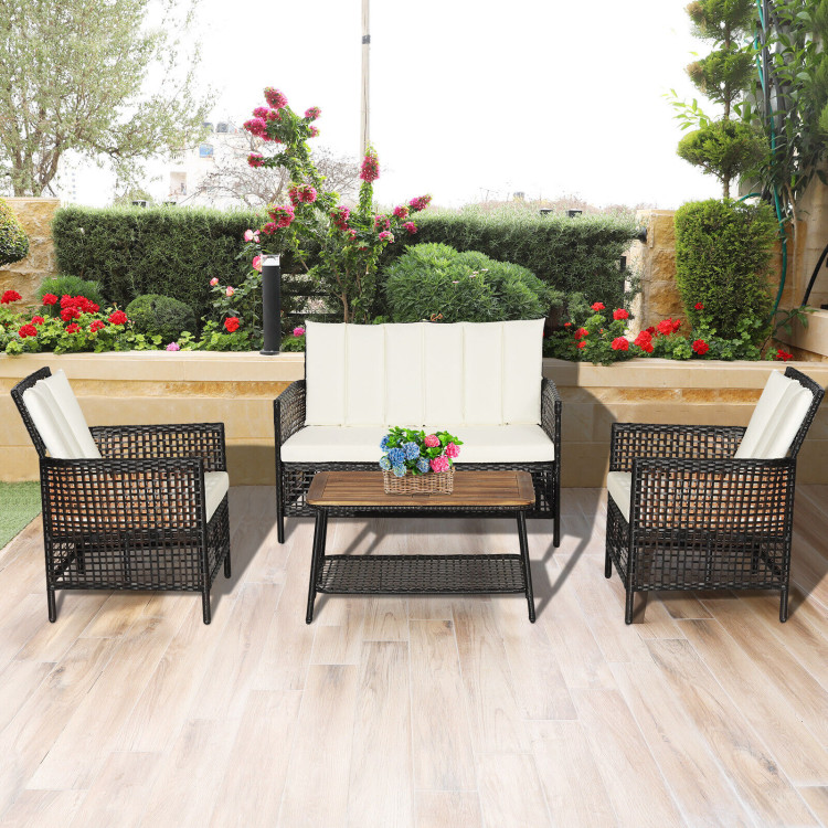 4 Pieces Patio Rattan Furniture Set with 2-Tier Coffee Table-WhiteCostway Gallery View 6 of 10