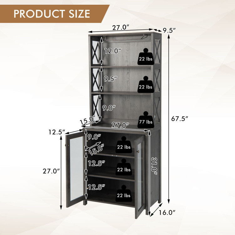 Tall Freestanding Bar Cabinet Buffet with Glass Holder and Adjustable Shelf-GrayCostway Gallery View 4 of 10