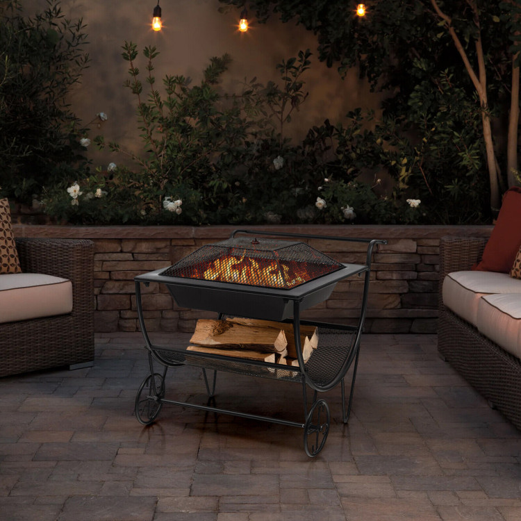 Outdoor Wood Burning Fire Pit with Log Storage Rack and WheelsCostway Gallery View 2 of 11