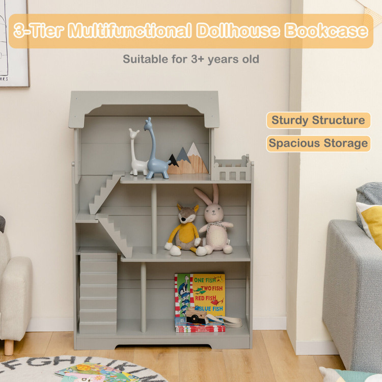 Kids Wooden Dollhouse Bookshelf with Anti-Tip Design and Storage Space-GrayCostway Gallery View 2 of 9