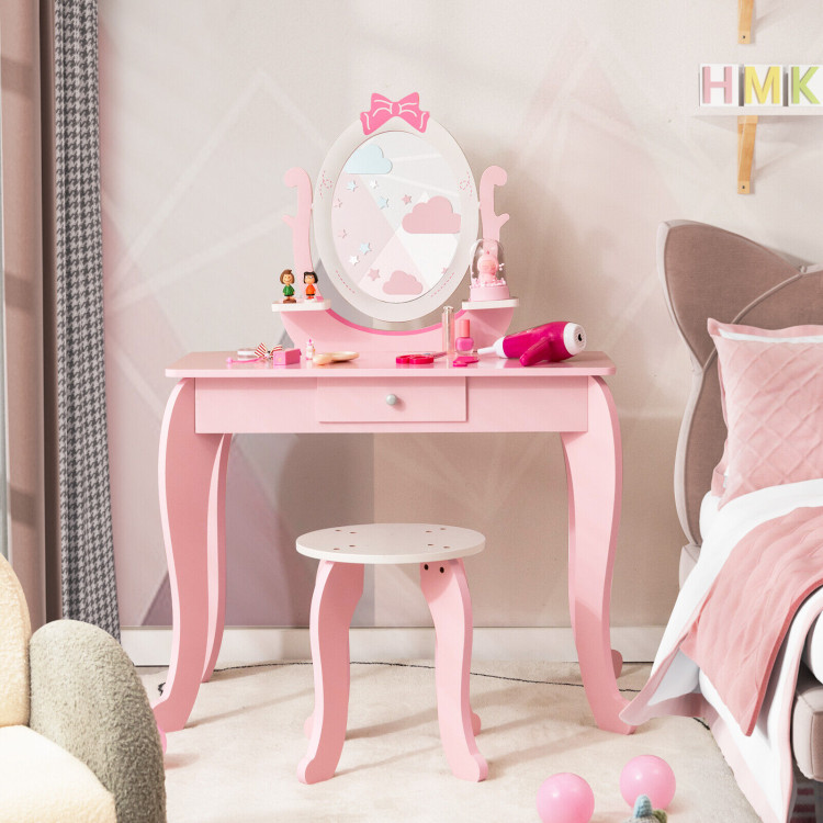Kid Vanity Table Stool Set with Oval Rotatable Mirror-PinkCostway Gallery View 2 of 11