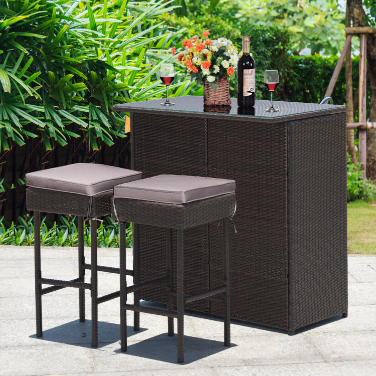 3 Pieces Patio Rattan Wicker Bar Table Stools Dining Set-Gray & Off WhiteCostway Gallery View 1 of 12