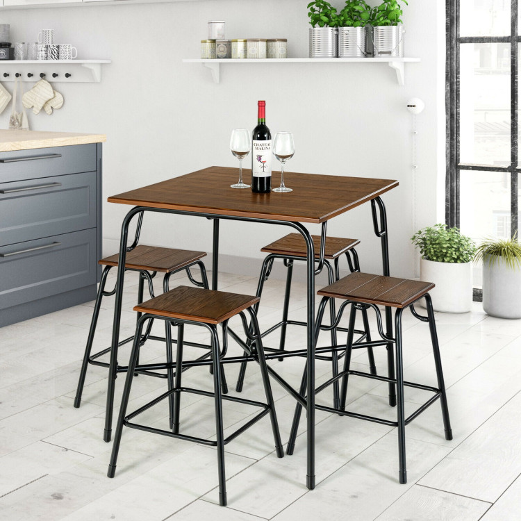 5 Pieces Bar Table Set with 4 Counter Height Backless Stools-Rustic BrownCostway Gallery View 6 of 10