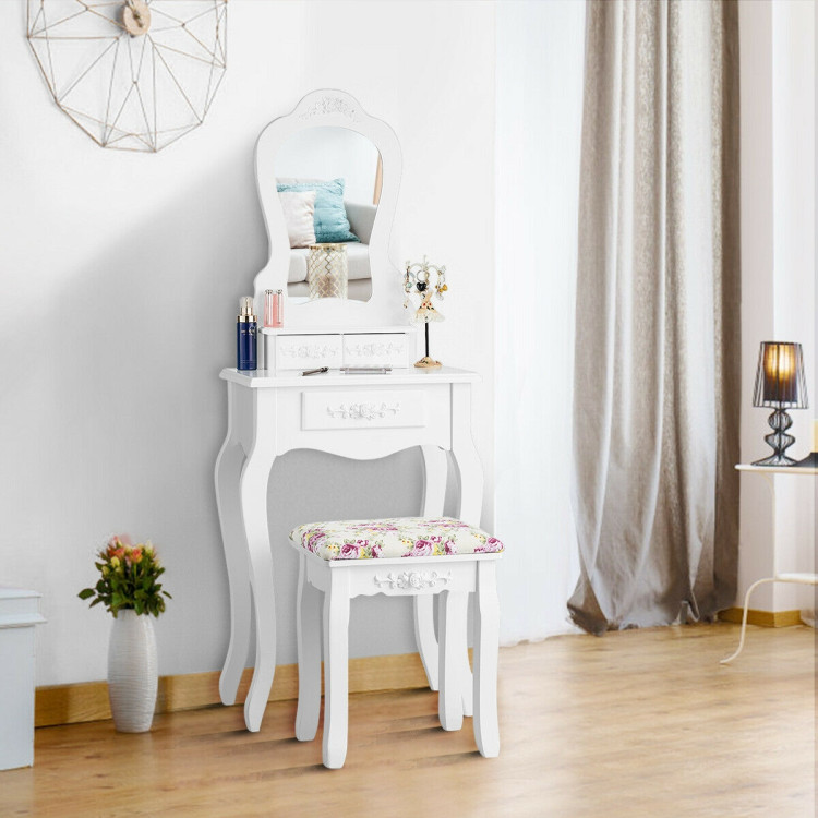 Makeup Dressing Table and Bench 3 Drawers and Cushioned Stool for Girls-WhiteCostway Gallery View 1 of 12