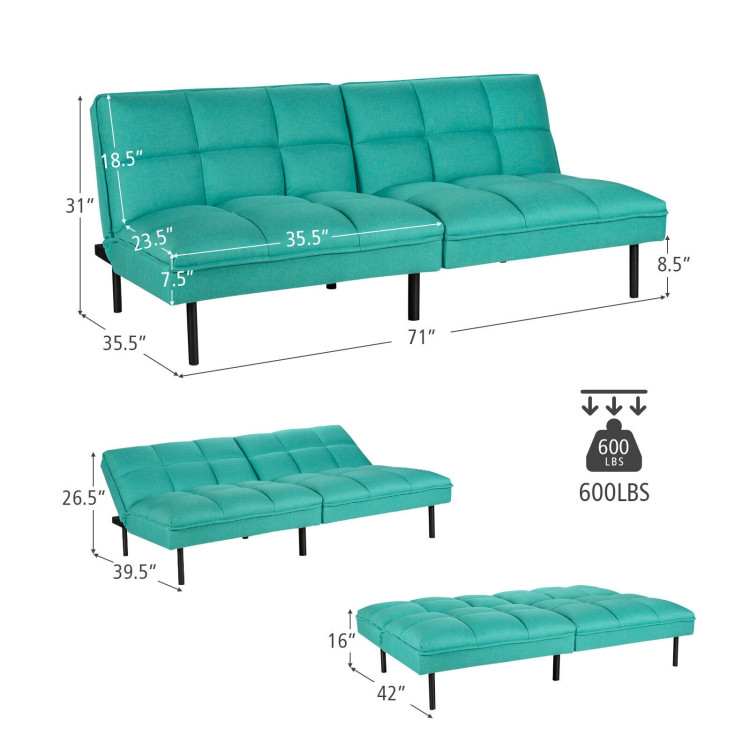 Convertible Fabric Sofa Bed with 3-Level Adjustable Backrest Angle-TurquoiseCostway Gallery View 4 of 11