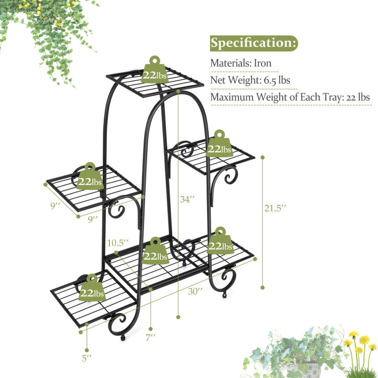 6-Tier Plant Stand with Adjustable Foot Pads-BlackCostway Gallery View 4 of 10