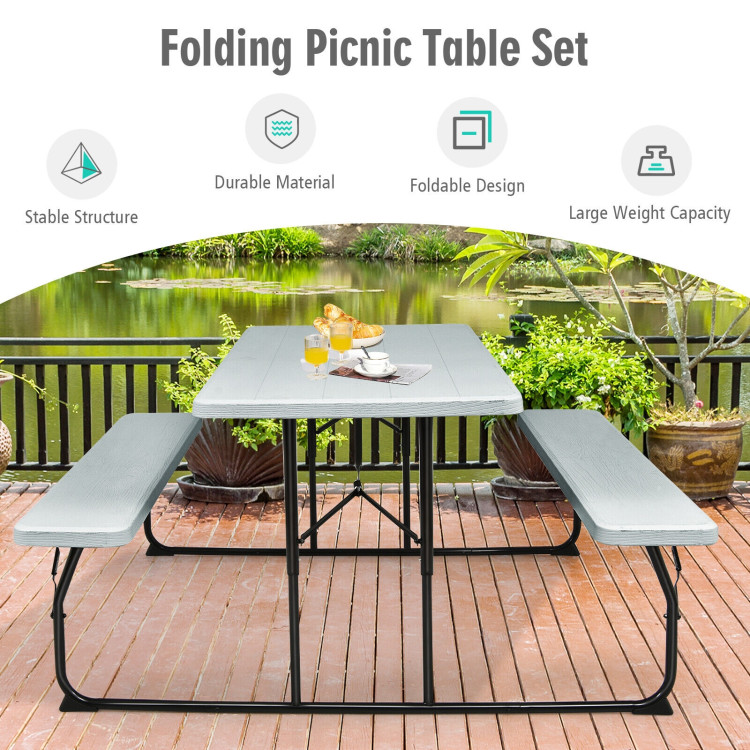 Indoor and Outdoor Folding Picnic Table Bench Set with Wood-like Texture-GrayCostway Gallery View 2 of 12