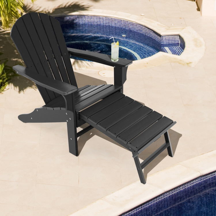 Patio HDPE Adirondack Chair with Retractable Ottoman-BlackCostway Gallery View 6 of 10