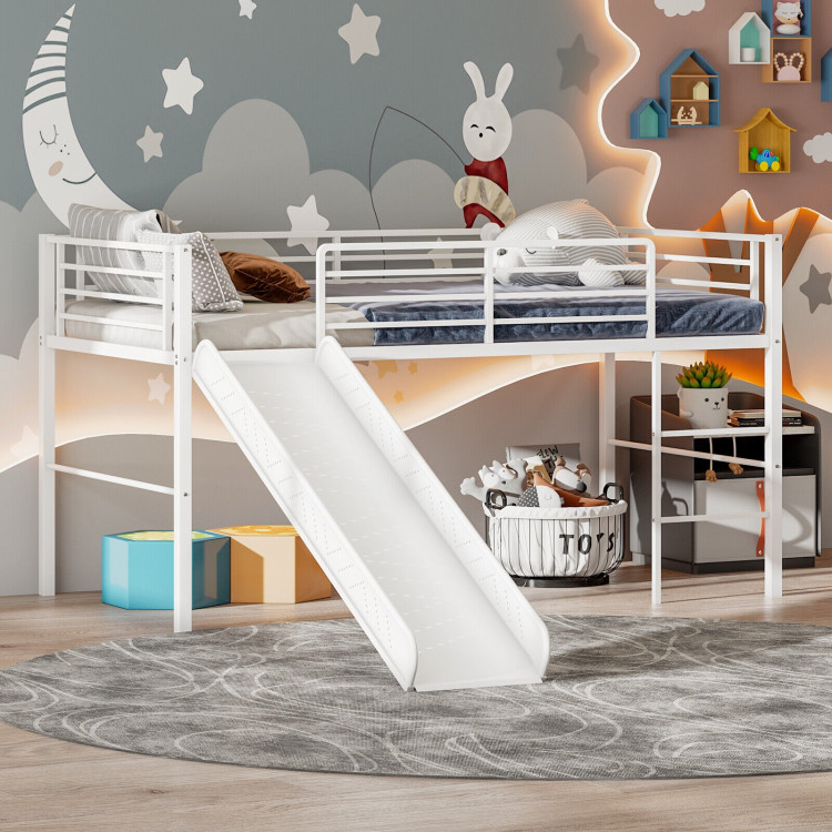 Twin Metal Loft Bed with Slide Safety Guardrails and Built-in Ladder-WhiteCostway Gallery View 6 of 8