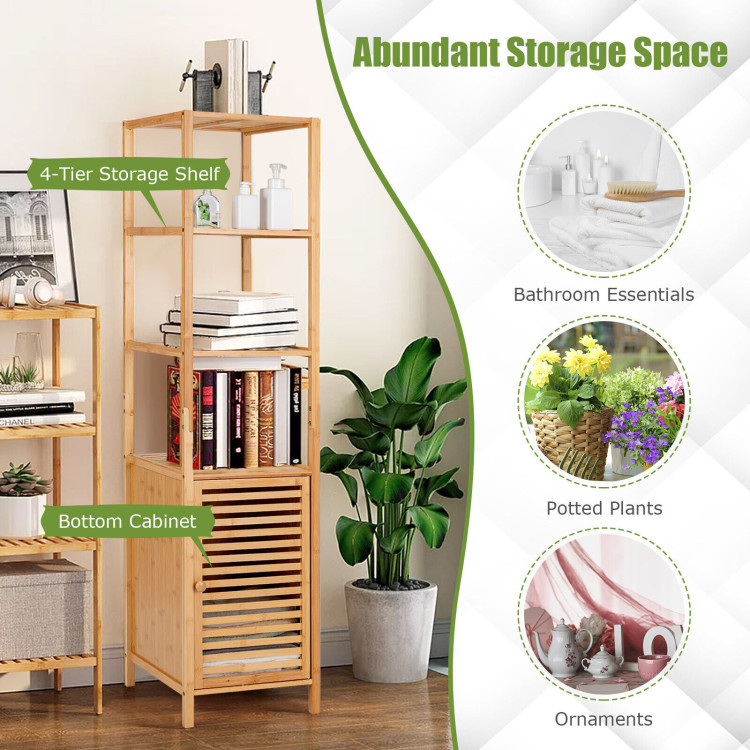 4 Tiers Slim Bamboo Floor Storage Cabinet with Shutter Door and Anti-Toppling Device-NaturalCostway Gallery View 3 of 12