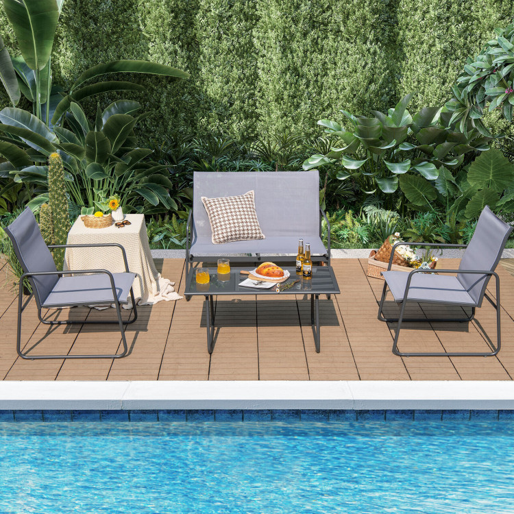 4 Pieces of Metal Patio Furniture Chat Set with Tempered Glass Coffee TableCostway Gallery View 6 of 10