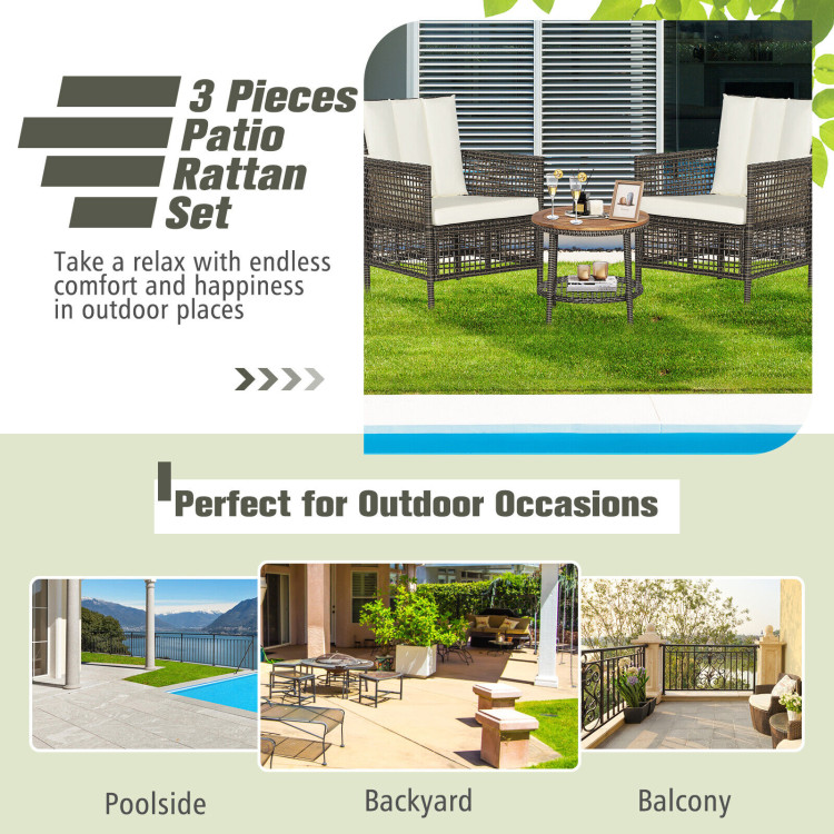 3 Pieces Patio Rattan Furniture Set with Cushioned Sofas and Wood Table Top-WhiteCostway Gallery View 6 of 10