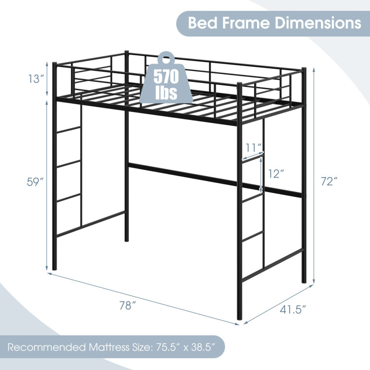 Twin Size Space-saving Metal Loft Bed with Full-Length Guardrail and 2 Ladders-BlackCostway Gallery View 4 of 10