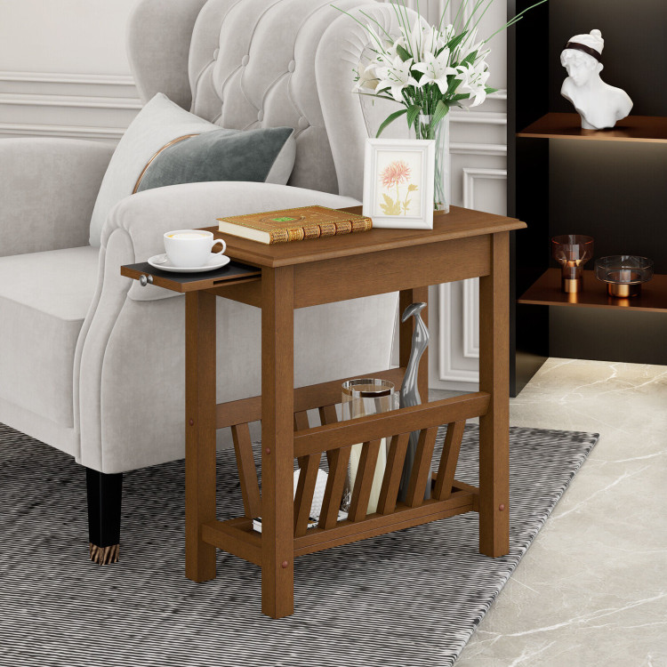 2-Tier End Table with Pull-out Tray and Solid Rubber Wood Legs-NaturalCostway Gallery View 1 of 9