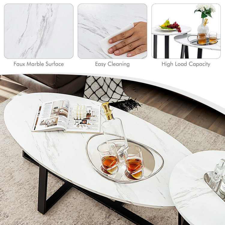 Set of 2 Modern Faux Marble Nesting Coffee Table Set with Oval and Round Table-WhiteCostway Gallery View 9 of 10