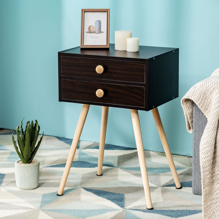 Mid Century Modern 2 Drawers Nightstand in Natural-CoffeeCostway Gallery View 8 of 11