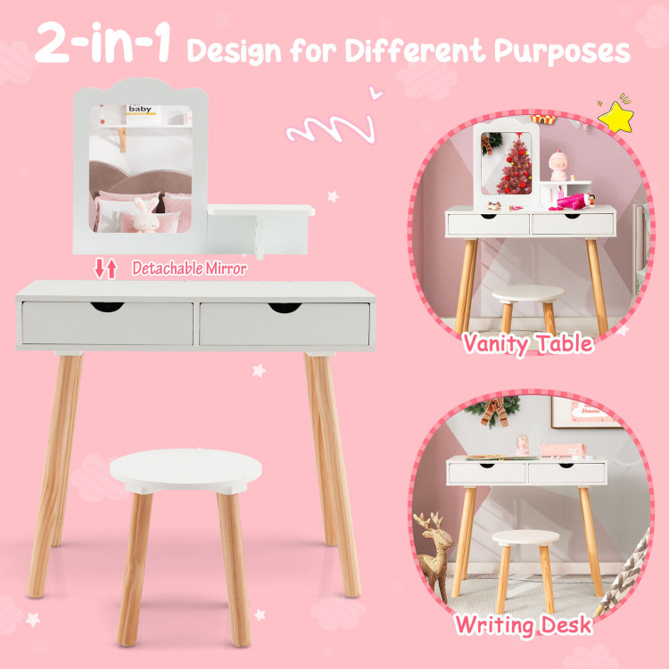 Kid Vanity Table Chair Set with Mirror and 2 Large Storage Drawers-WhiteCostway Gallery View 9 of 11