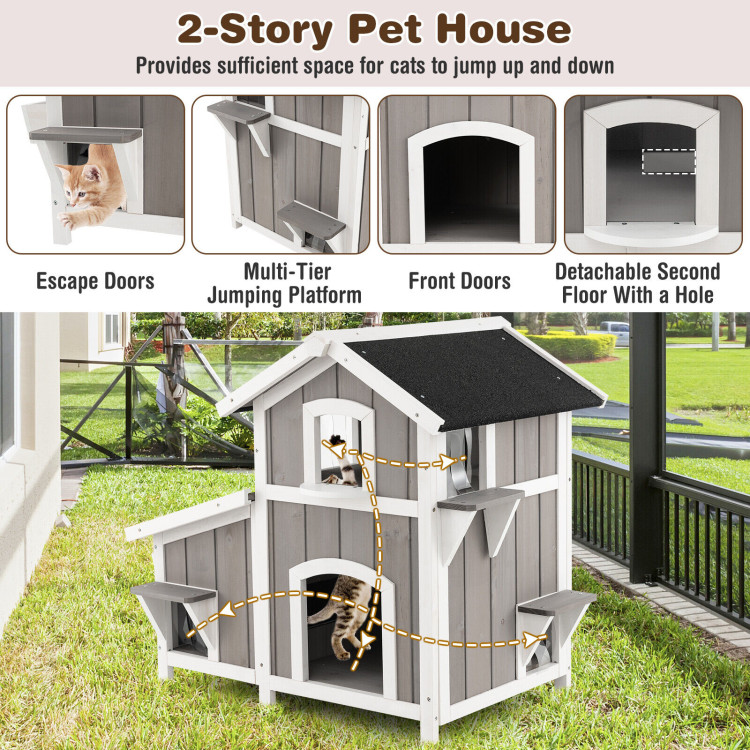 Outdoor 2-Story Wooden Feral Cat House with Escape Door-GrayCostway Gallery View 8 of 10