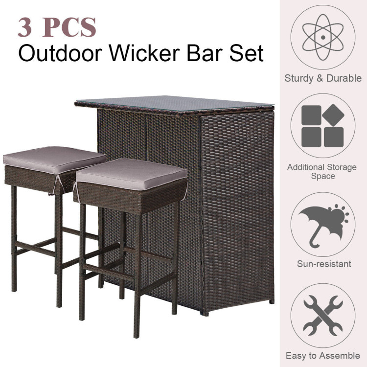 3 Pieces Patio Rattan Wicker Bar Table Stools Dining Set-Gray & Off WhiteCostway Gallery View 6 of 12