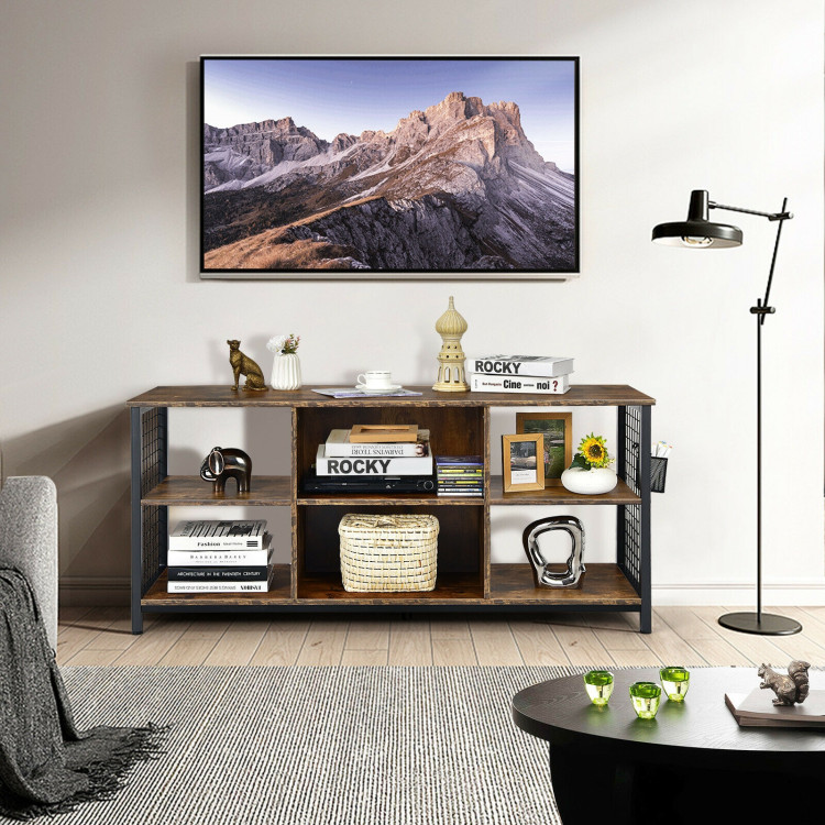 Mid-Century Wooden TV Stand with Storage Basket for TVs up to 65 Inch-Rustic BrownCostway Gallery View 1 of 10