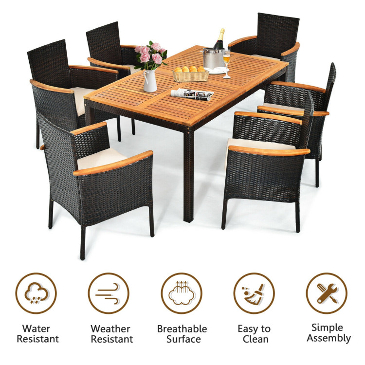 7 Pieces Patio Rattan Dining Set with Armrest Cushioned Chair and Wooden TabletopCostway Gallery View 5 of 12