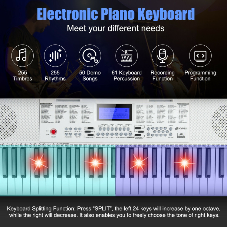 61-Key Electric Piano Keyboard for Beginner-WhiteCostway Gallery View 7 of 11