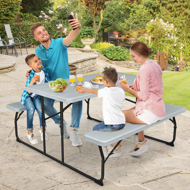 Indoor and Outdoor Folding Picnic Table Bench Set with Wood-like Texture-GrayCostway Gallery View 7 of 12