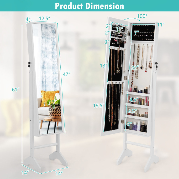 Standing Jewelry Cabinet with Full Length Mirror-WhiteCostway Gallery View 4 of 10