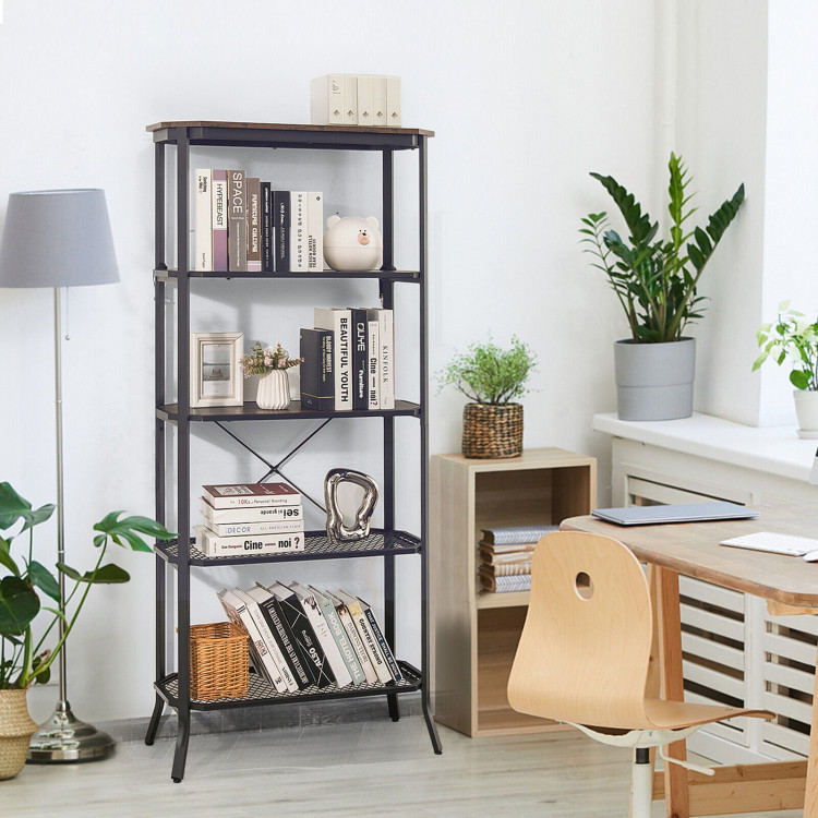 Industrial 5-Layer Bookshelf with Out-Stretched Legs-Rustic BrownCostway Gallery View 7 of 10