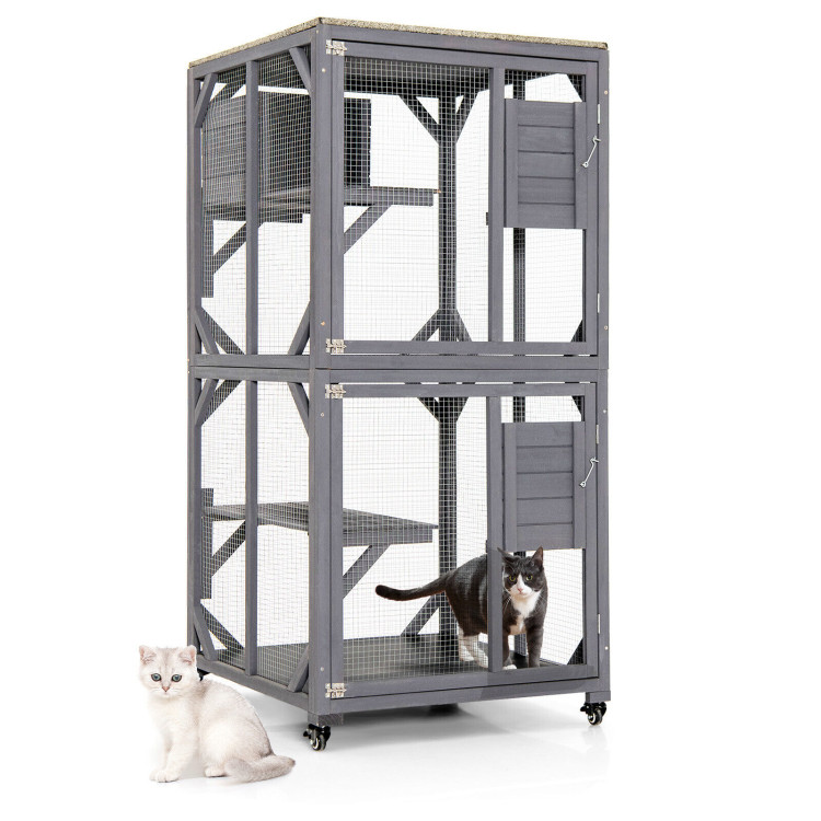Outdoor Cat House Enclosures on Wheels Kitten Cages with Resting Box-GrayCostway Gallery View 3 of 10