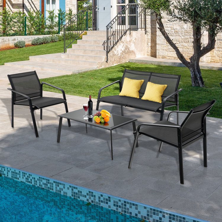 4 Pieces Patio Furniture Set with Armrest Loveseat Sofas and Glass Table Deck-BlackCostway Gallery View 6 of 10