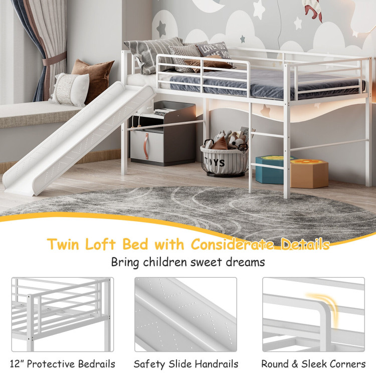 Twin Metal Loft Bed with Slide Safety Guardrails and Built-in Ladder-WhiteCostway Gallery View 2 of 8