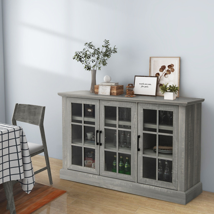 Farmhouse Buffet Cabinet with 3 Tempered Glass Doors-GrayCostway Gallery View 6 of 11