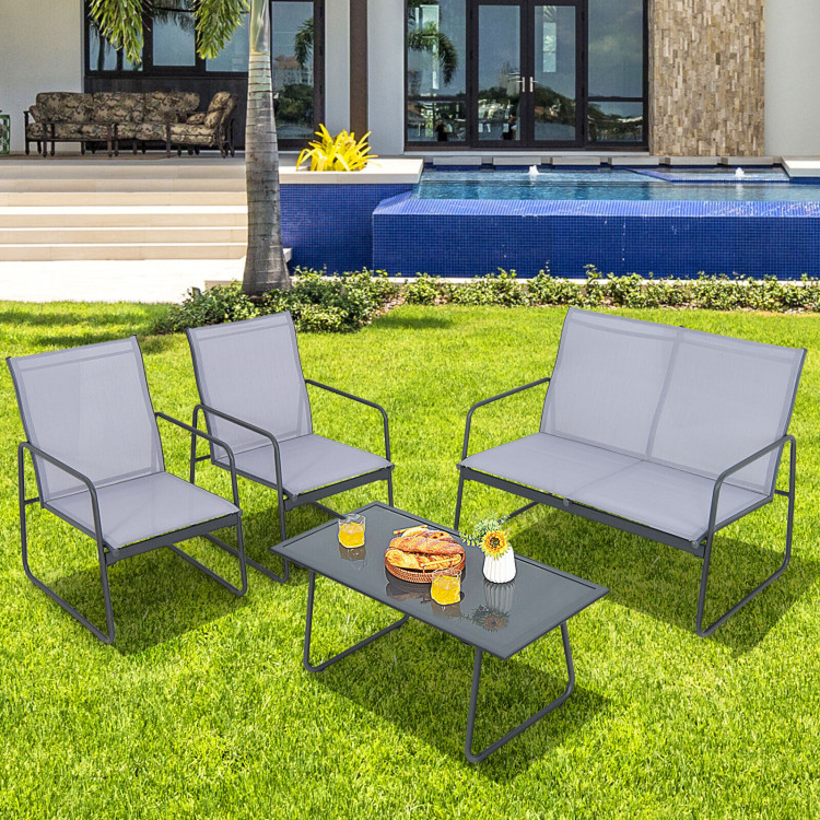 4 Pieces of Metal Patio Furniture Chat Set with Tempered Glass Coffee TableCostway Gallery View 7 of 10