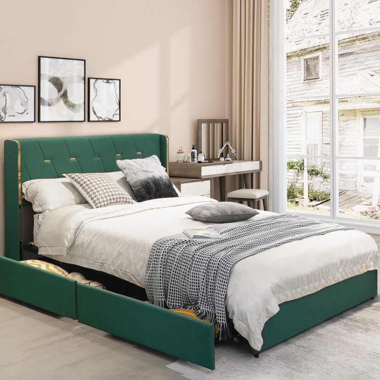 Full/Queen Size Upholstered Bed Frame with 4 Drawers-Green-Full SizeCostway Gallery View 8 of 11