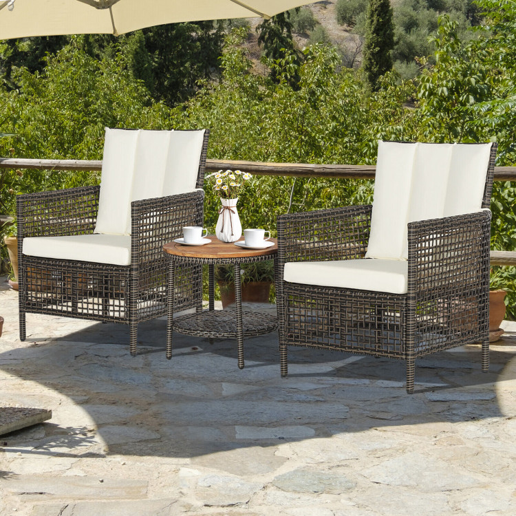 3 Pieces Patio Rattan Furniture Set with Cushioned Sofas and Wood Table Top-WhiteCostway Gallery View 2 of 10