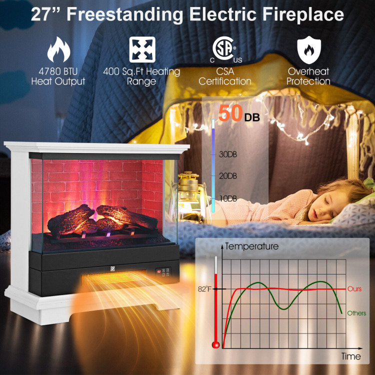 27 Inch Freestanding Electric Fireplace with 3-Level Vivid Flame Thermostat-WhiteCostway Gallery View 3 of 11