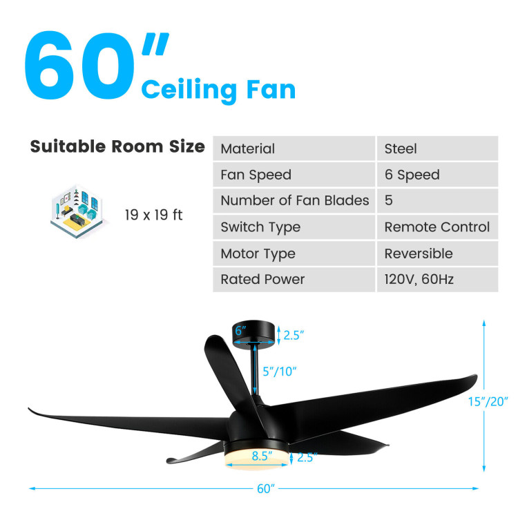 60 Inch Reversible Ceiling Fan with Light-BlackCostway Gallery View 4 of 11