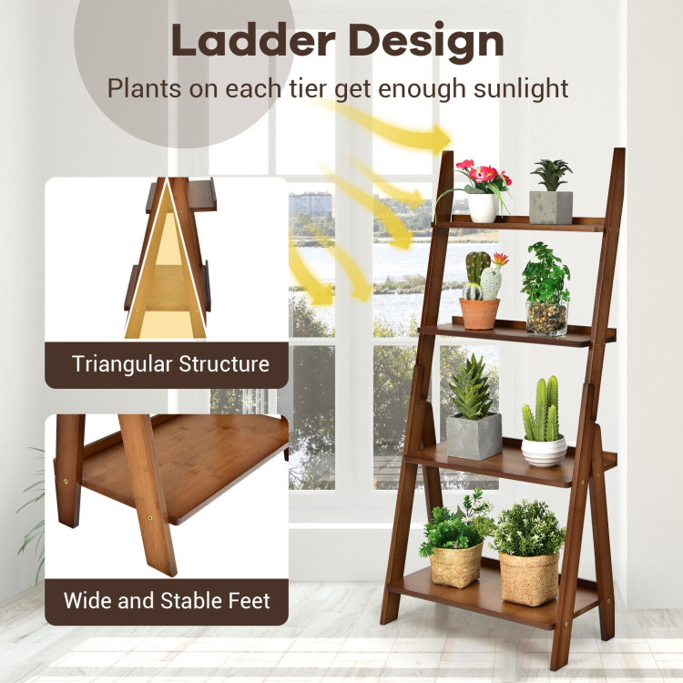 4-Tier Bamboo Ladder Shelf Bookcase for Study Room-BrownCostway Gallery View 9 of 10