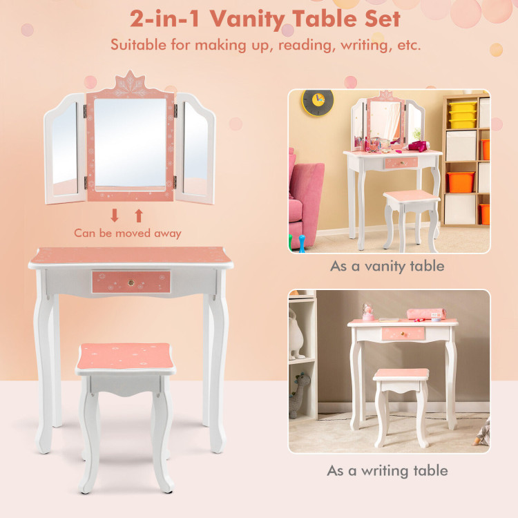 Princess Vanity Table and Chair Set with Tri-Folding Mirror and Snowflake Print-PinkCostway Gallery View 9 of 10