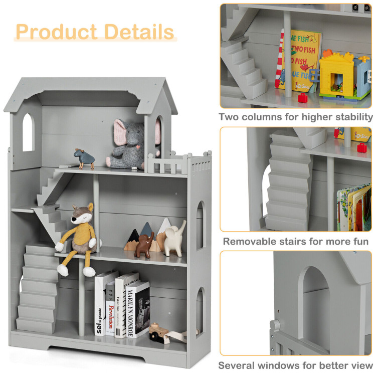 Kids Wooden Dollhouse Bookshelf with Anti-Tip Design and Storage Space-GrayCostway Gallery View 5 of 9