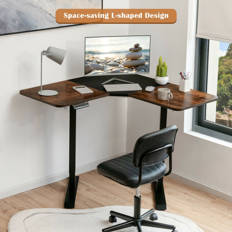 L-shaped Electric Standing Desk with 4 Memory Positions and LCD Display-Rustic BrownCostway Gallery View 6 of 11