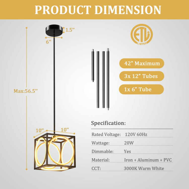 Modern LED Pendant Light with 42 Inches Adjustable Suspender-BlackCostway Gallery View 4 of 12