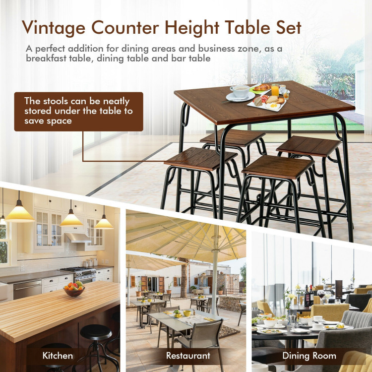 5 Pieces Bar Table Set with 4 Counter Height Backless Stools-Rustic BrownCostway Gallery View 2 of 10