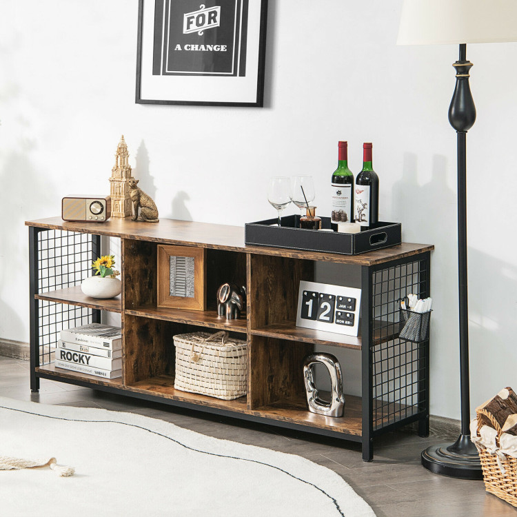 Mid-Century Wooden TV Stand with Storage Basket for TVs up to 65 Inch-Rustic BrownCostway Gallery View 7 of 10