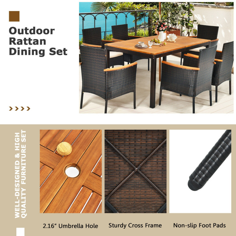 7 Pieces Patio Rattan Dining Set with Armrest Cushioned Chair and Wooden TabletopCostway Gallery View 12 of 12