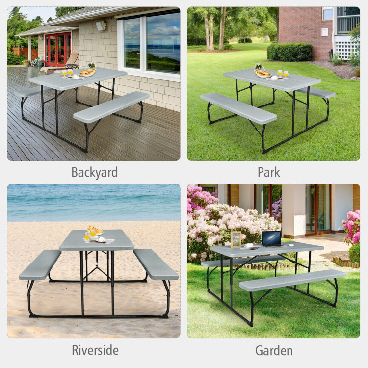 Indoor and Outdoor Folding Picnic Table Bench Set with Wood-like Texture-GrayCostway Gallery View 10 of 12