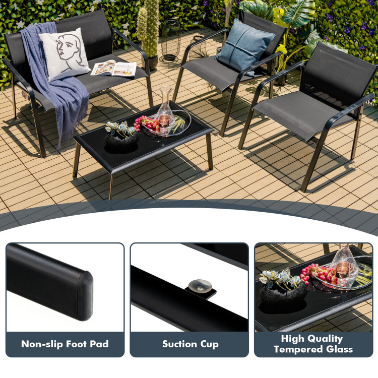 4 Pieces Patio Furniture Set with Armrest Loveseat Sofas and Glass Table Deck-BlackCostway Gallery View 5 of 10