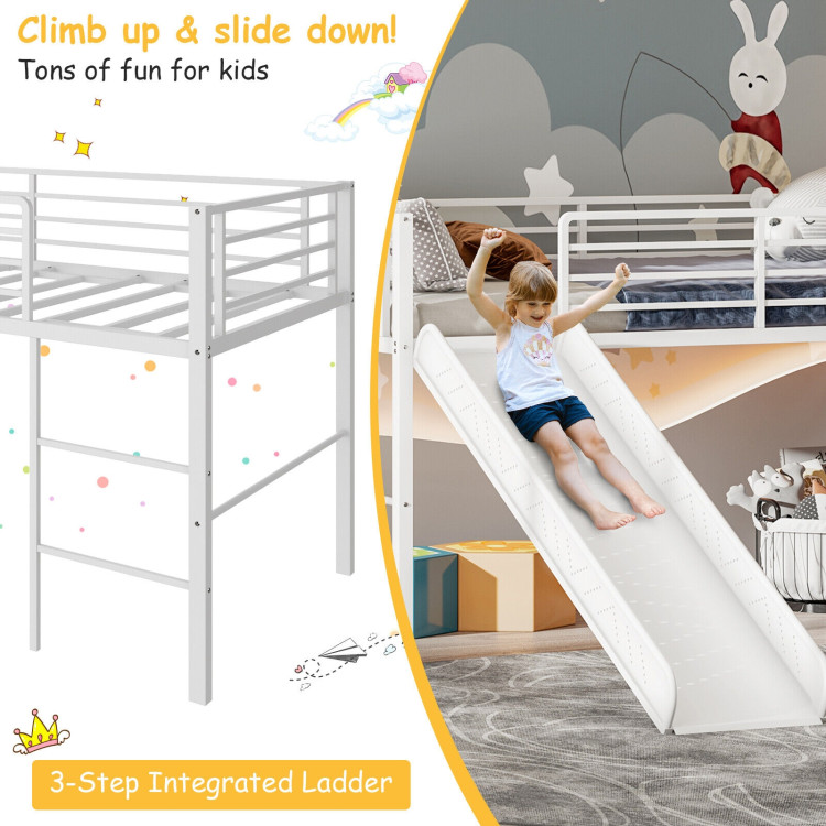 Twin Metal Loft Bed with Slide Safety Guardrails and Built-in Ladder-WhiteCostway Gallery View 7 of 8