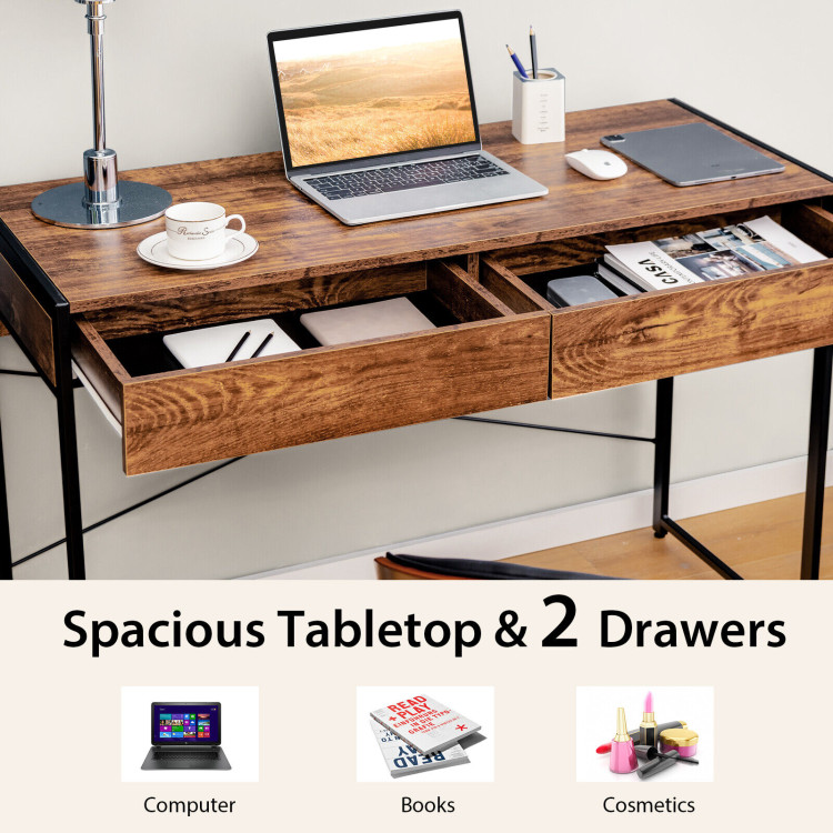 2-Drawer Home Office Desk with Steel Frame-Rustic BrownCostway Gallery View 6 of 11